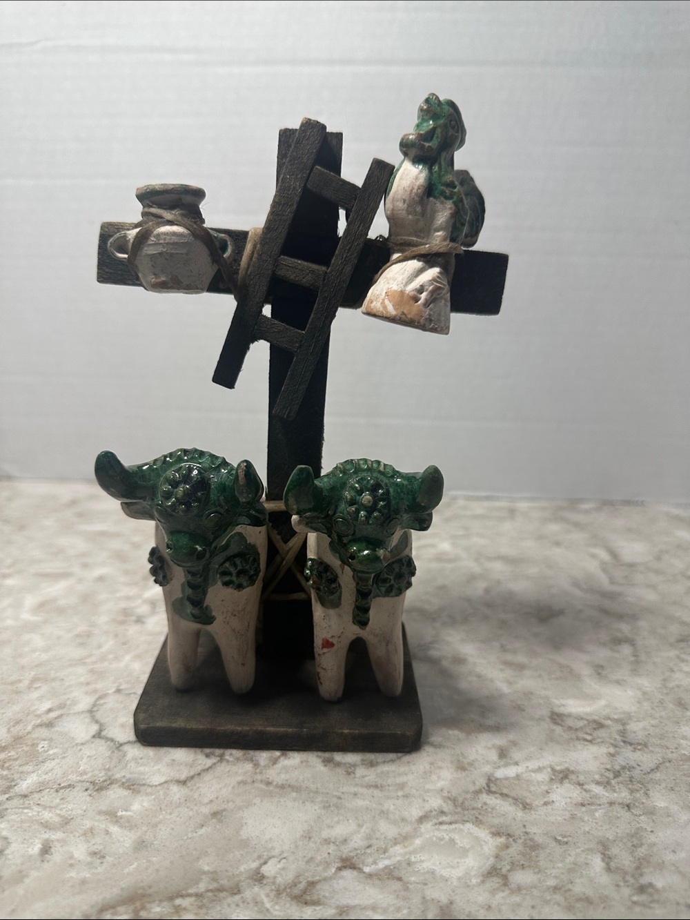 Hand-Carved Decorative Ox Figurine with Bells - White & Green